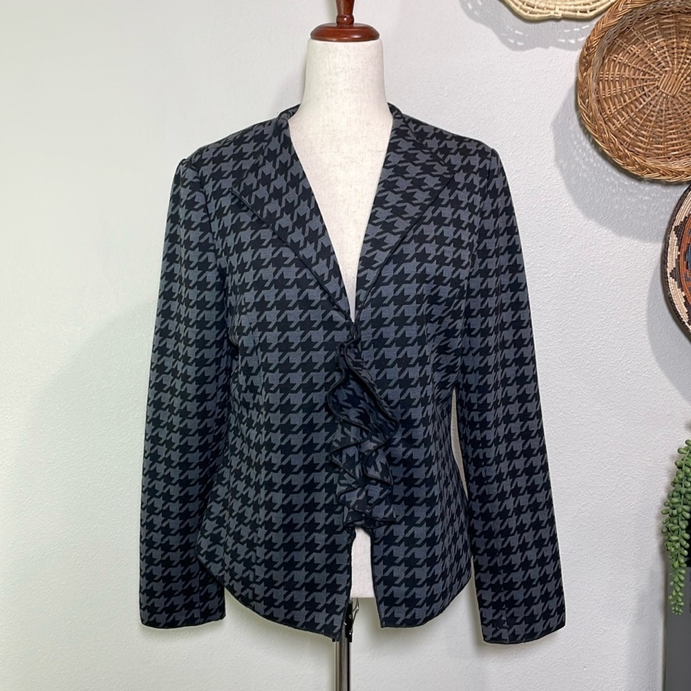 Women’s Wool Blend Houndstooth Ruffle Blazer Jacket Black & Gray Tribal Size 12
